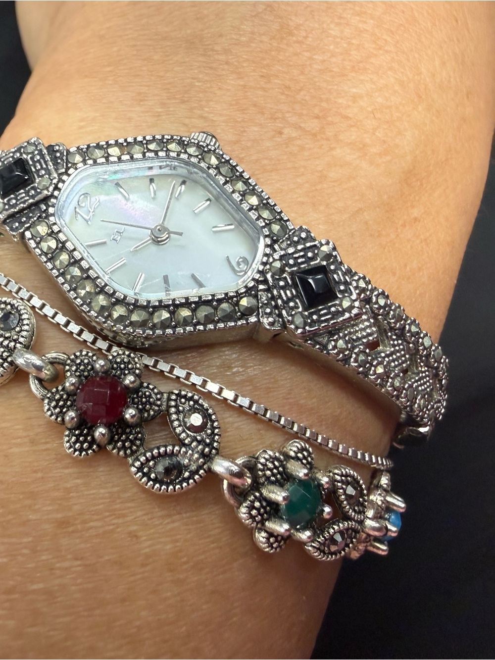Vintage Elgin Ladies Marcasite Onyx Watch Mother of Pearl Dial Art Deco Style